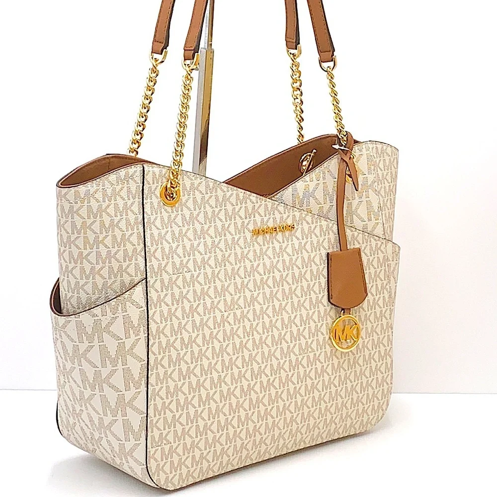 MICHAEL KORS LARGE X CHAIN SHOULDER TOTE VANILLA SIGNATURE